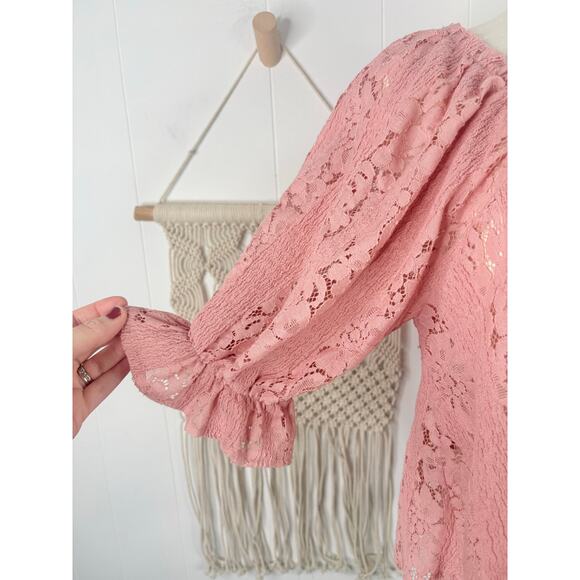 Free People Stacey Lace Crop Top Blush Pink Size Small Puff Sleeve - Picture 8 of 12